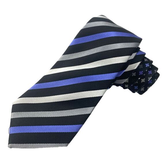 Bugatchi Mens Silk Tie Purple Black Silver Striped Necktie Made in Italy Formal - Picture 1 of 7